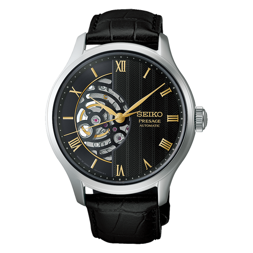 SEIKO Presage Japanese Garden Open Heart Automatic Watch Black on Black Leather HCB008