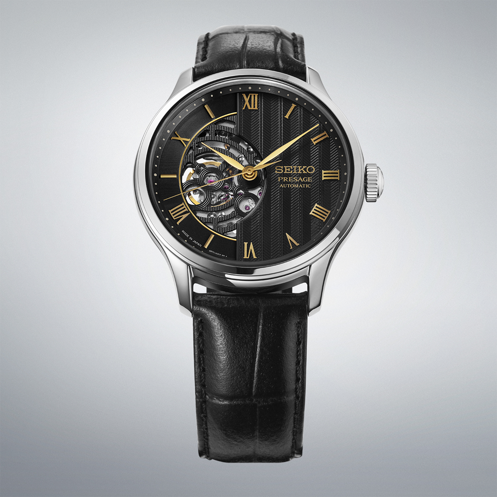 SEIKO Presage Japanese Garden Open Heart Automatic Watch Black on Black Leather HCB008