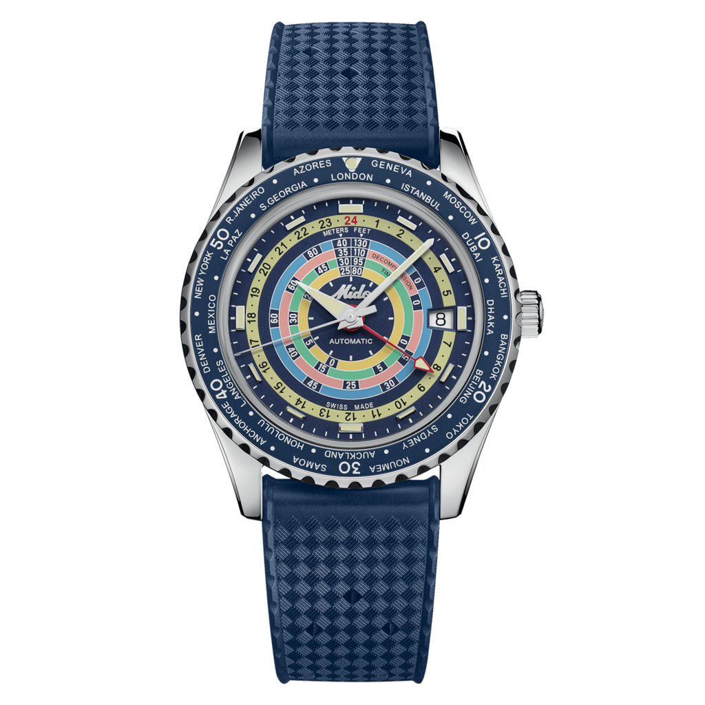 MIDO OCEAN STAR DECOMPRESSION WORLDTIMER BLUE -SPECIAL EDITION -1 EXTRA STRAP (Copy)