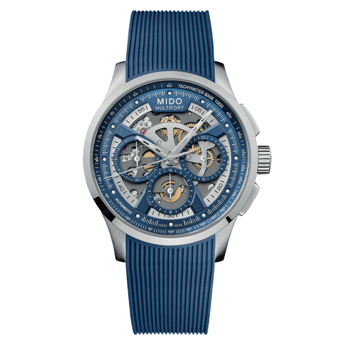 Mido Multifort Skeleton Chronograph on Blue Rubber