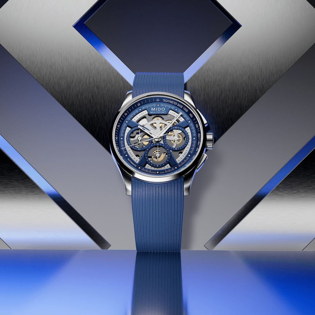 Mido Multifort Skeleton Chronograph on Blue Rubber