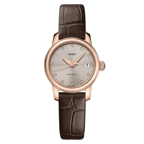 Mido Baroncelli Lady Twenty Five Rhodium Dial with Diamond on brown leather strap