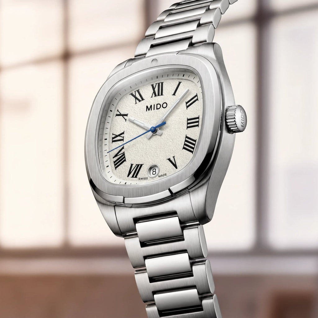 MIDO MULTIFORT TV 28mm QUARTZ WHITE ROMAN ON BRACELET