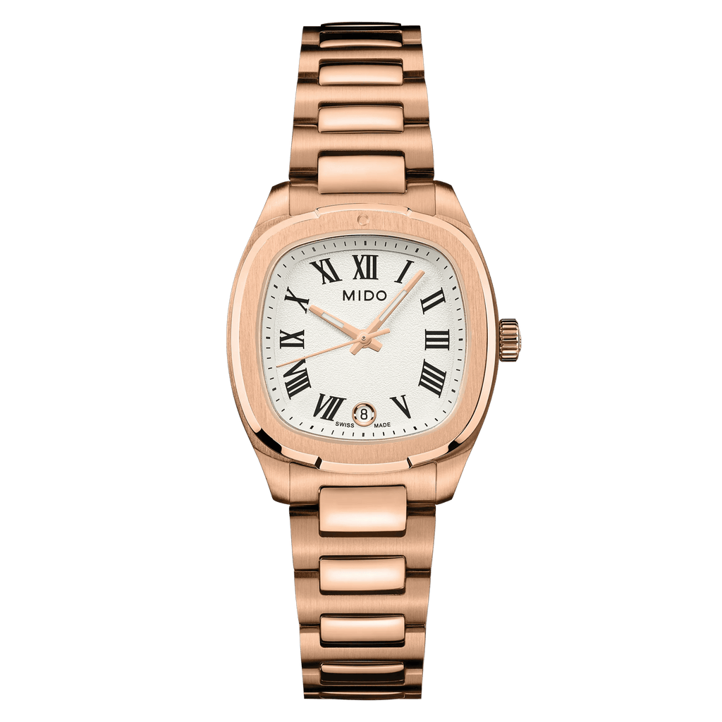 MIDO MULTIFORT TV 28mm RG PVD QUARTZ WHITE ROMAN ON BRACELET