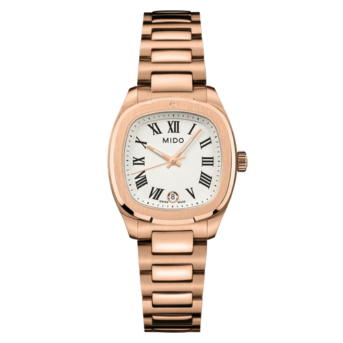 MIDO MULTIFORT TV 28mm RG PVD QUARTZ WHITE ROMAN ON BRACELET