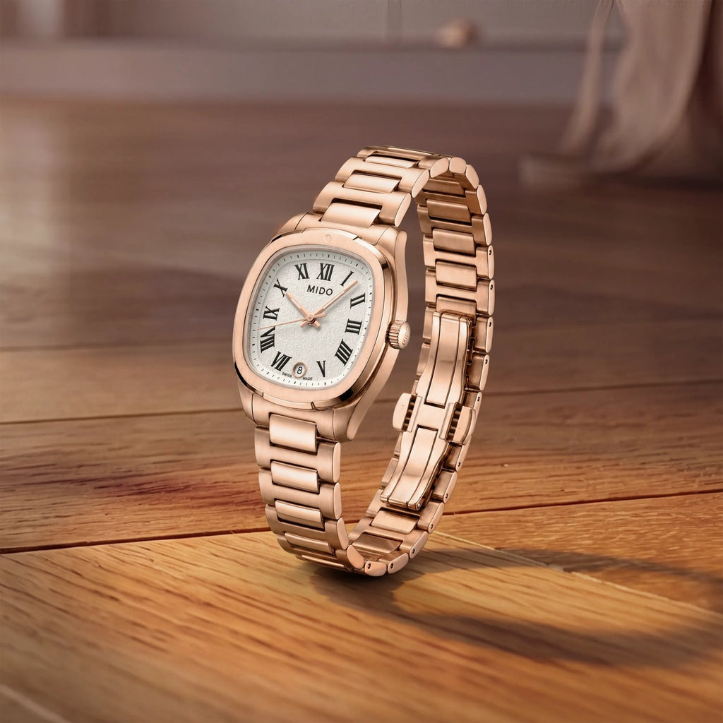 MIDO MULTIFORT TV 28mm RG PVD QUARTZ WHITE ROMAN ON BRACELET
