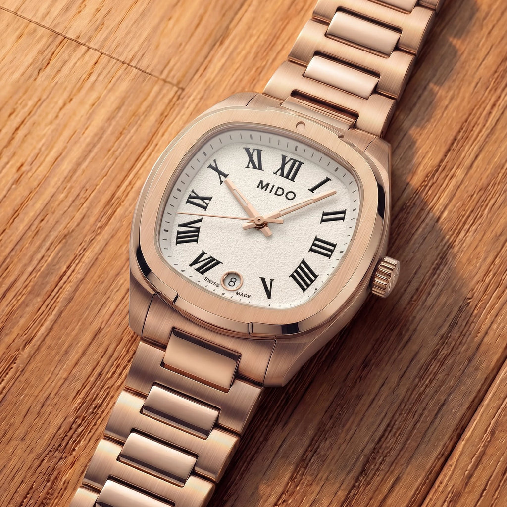 MIDO MULTIFORT TV 28mm RG PVD QUARTZ WHITE ROMAN ON BRACELET