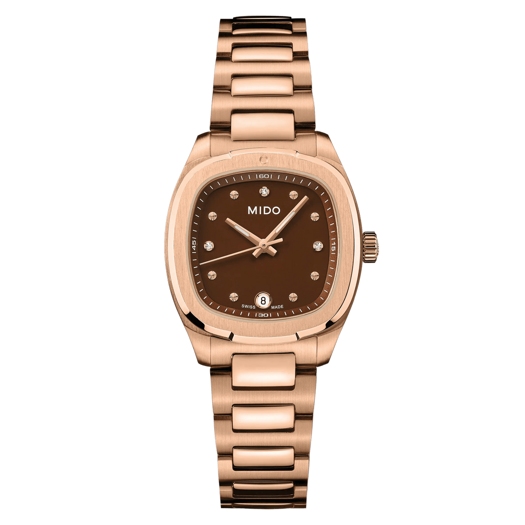 MIDO MULTIFORT TV 28mm QUARTZ BROWN DIAL DIAMOND RG PVD ON BRACELET