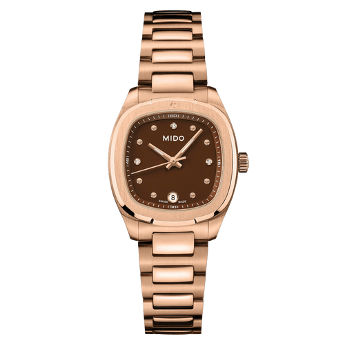 MIDO MULTIFORT TV 28mm QUARTZ BROWN DIAL DIAMOND RG PVD ON BRACELET
