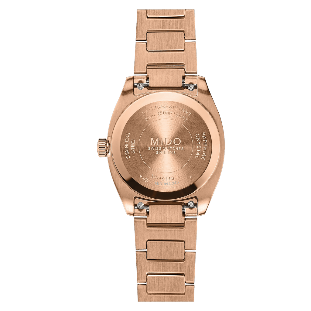 MIDO MULTIFORT TV 28mm QUARTZ BROWN DIAL DIAMOND RG PVD ON BRACELET