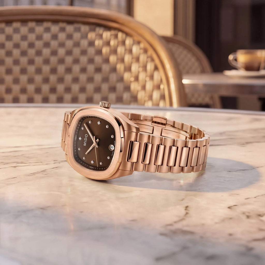 MIDO MULTIFORT TV 28mm QUARTZ BROWN DIAL DIAMOND RG PVD ON BRACELET