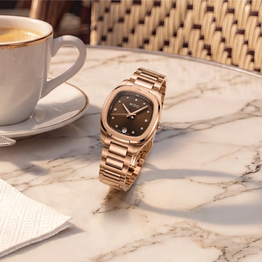 MIDO MULTIFORT TV 28mm QUARTZ BROWN DIAL DIAMOND RG PVD ON BRACELET