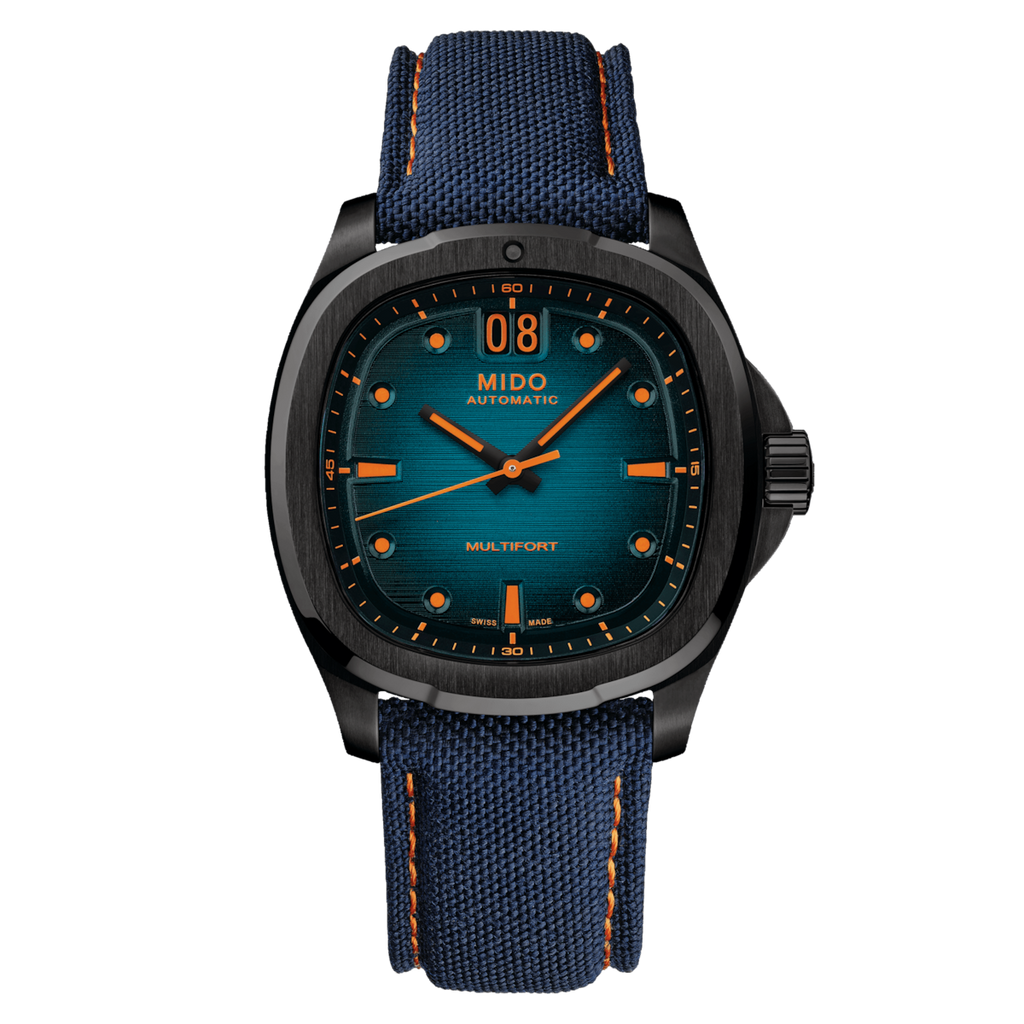 MIDO MULTIFORT TV BIG DATE PVD BLUE GRADIENT FABRIC STRAP
