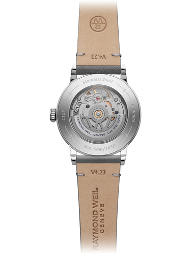 Raymond Weil Millesime Automatic Central Seconds Silver Dial 35mm Watch Grey Leather Strap