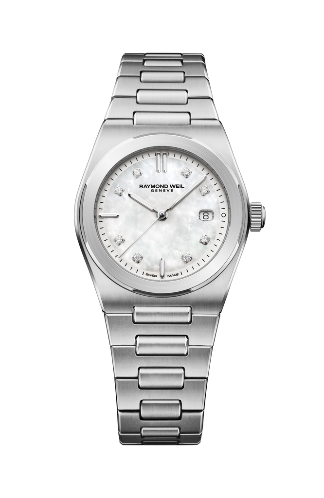 Raymond Weil A.R.T. Date 30 mm White MOP with Diamond indices on steel Bracelet -Quartz