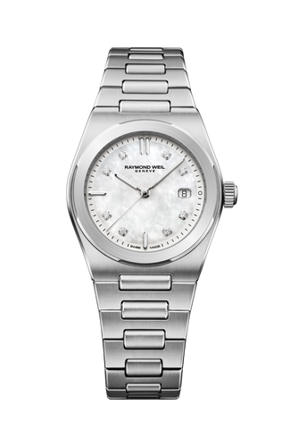 Raymond Weil A.R.T. Date 30 mm White MOP with Diamond indices on steel Bracelet -Quartz