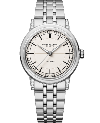Raymond Weil Millesime Automatic Cream Sector Dial, Central Seconds Hand, Stainless Steel Bracelet, Laboratory-grown diamonds