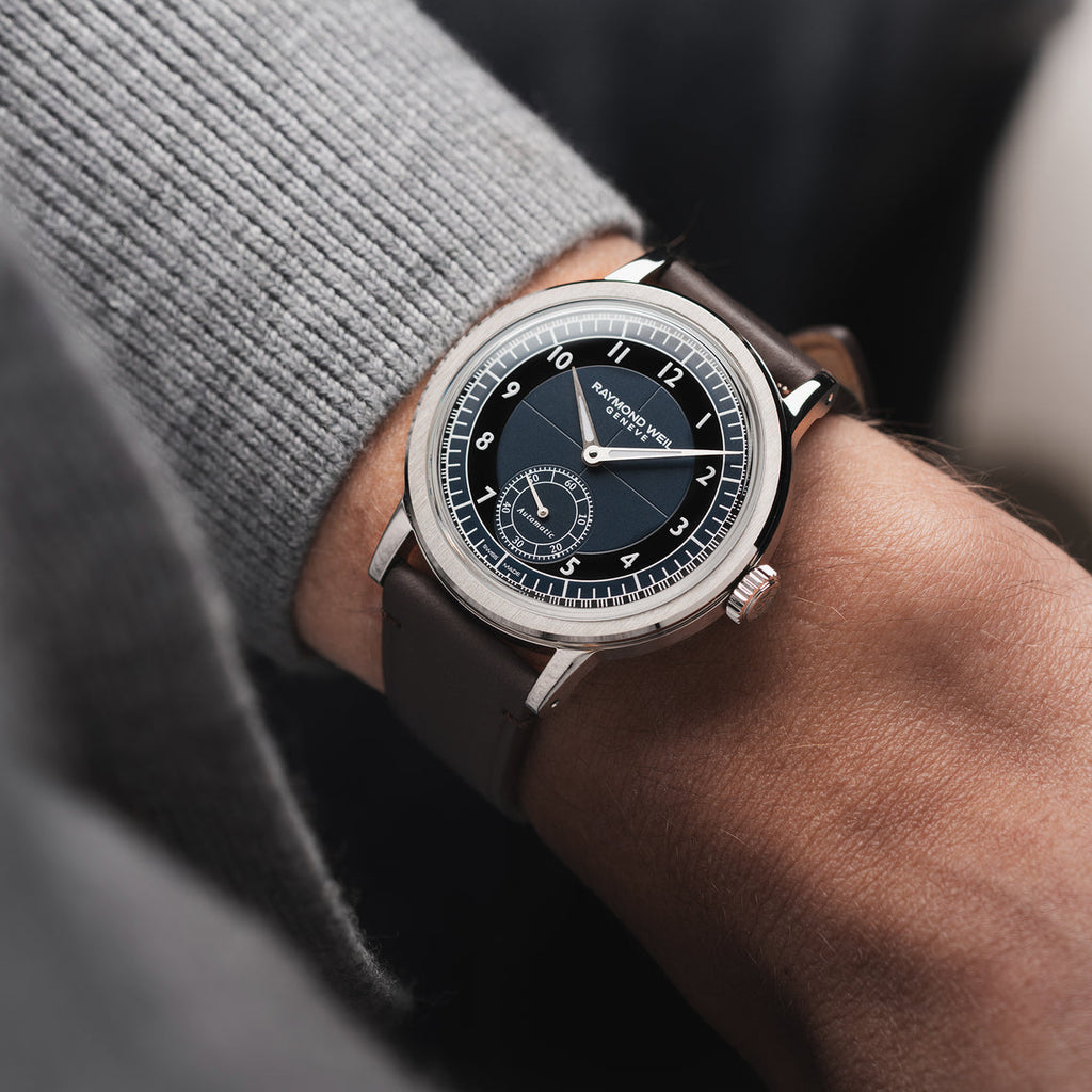 Raymond Weil Millesime Men's Automatic Small Seconds Tuxedo Midnight Blue Dial 39mm on leather