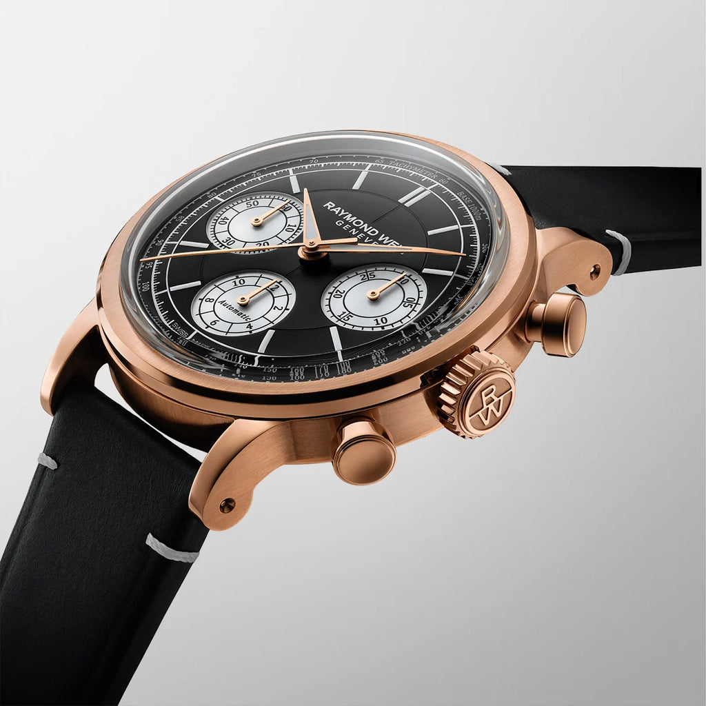 Raymond Weil Millesime Automatic Tri-Compax Chronograph Black Sector Dial 39 mm RG PVD, Black Leather Strap