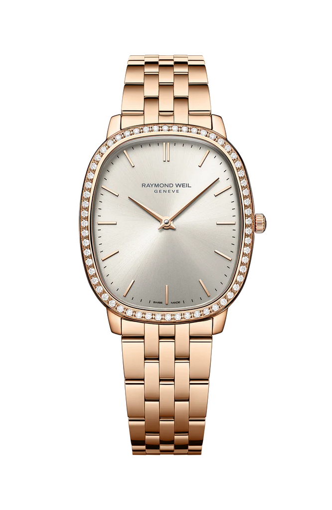 Raymond Weil Toccata Heritage Quartz full diamond bezel old silver dial on RG PVD  Steel Bracelet -31mm x 36mm