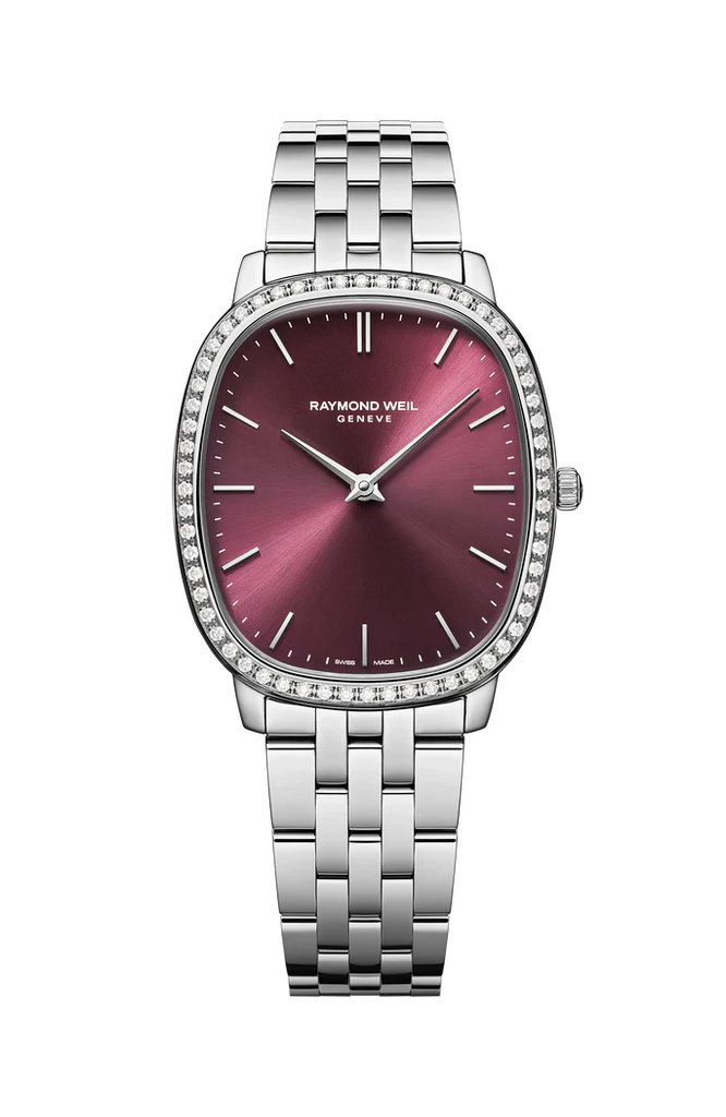 Raymond Weil Toccata Heritage Quartz full diamond bezel red grape dial on Steel Bracelet -31mm x 36mm