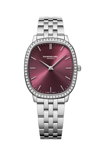 Raymond Weil Toccata Heritage Quartz full diamond bezel red grape dial on Steel Bracelet -31mm x 36mm
