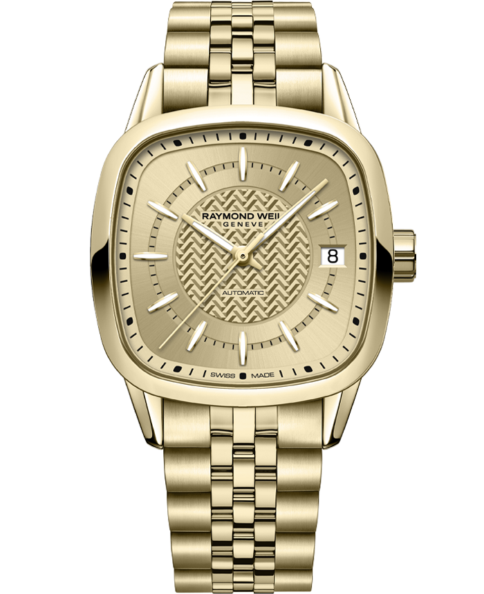 Pre Order Raymond Weil Freelancer Automatic Cushion Yellow Gold PVD 34 x 34 mm  Champagne dial on bracelet