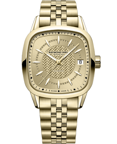 Pre Order Raymond Weil Freelancer Automatic Cushion Yellow Gold PVD 34 x 34 mm  Champagne dial on bracelet