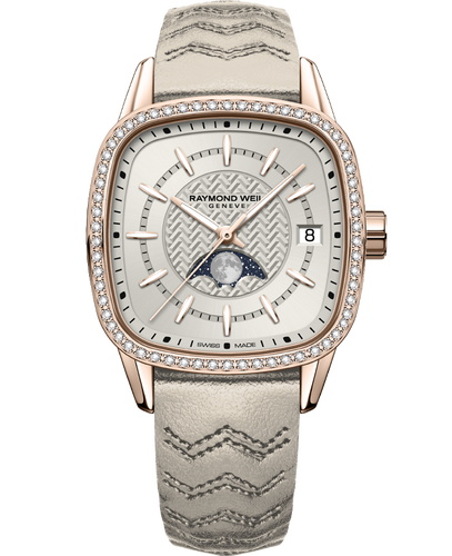 Pre Order Raymond Weil Freelancer Automatic Moonphase Cushion Rose Gold PVD Diamond Bezel 34 x 34 mm Cream dial on Leather