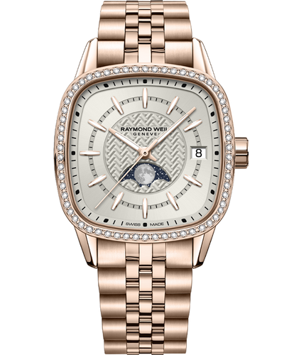 Pre Order Raymond Weil Freelancer Automatic Moonphase Cushion Rose Gold PVD Diamond Bezel 34 x 34 mm Cream dial on Bracelet