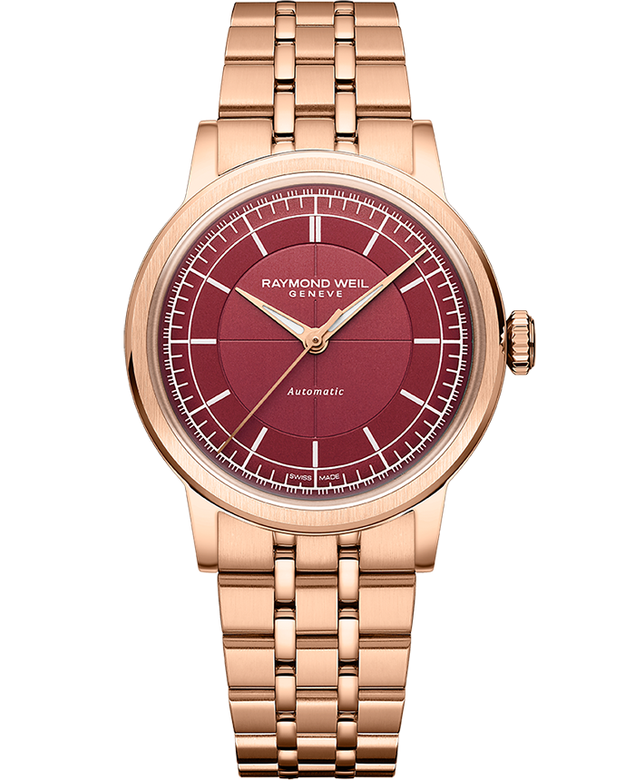 Raymond Weil Millesime Automatic Central Seconds Burgundy Dial Watch RG PVD Bracelet