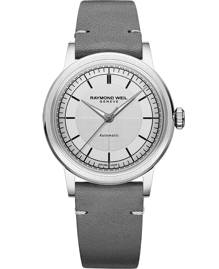 Raymond Weil Millesime Automatic Central Seconds Silver Dial Watch Grey Leather Strap