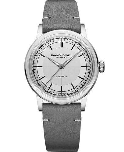 Raymond Weil Millesime Automatic Central Seconds Silver Dial 35mm Watch Grey Leather Strap