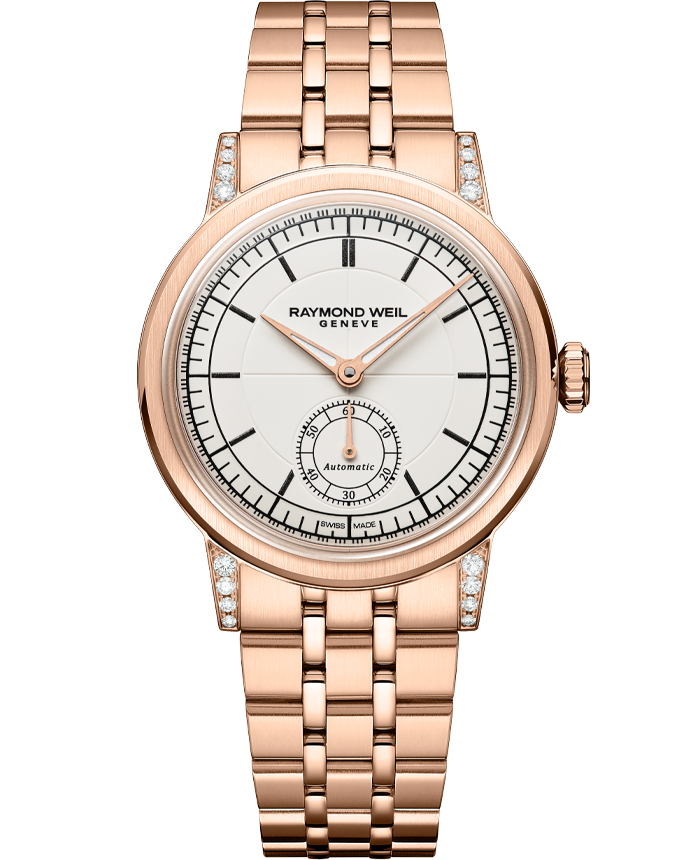 Pre Order Raymond Weil Millesime Automatic Central Seconds Diamonds 35mm Cream Sector Dial, RG PVD Bracelet
