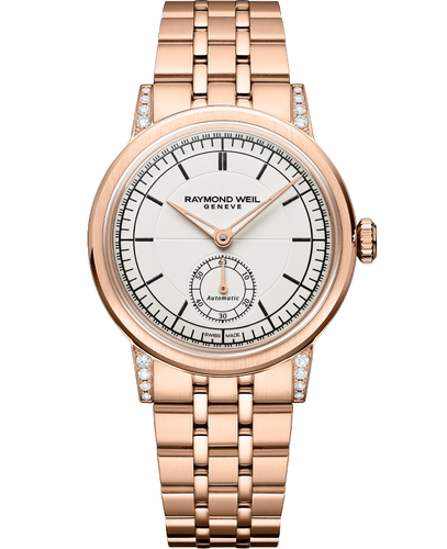 Raymond Weil Millesime Automatic Central Seconds Diamonds 35mm Cream Sector Dial, RG PVD Bracelet