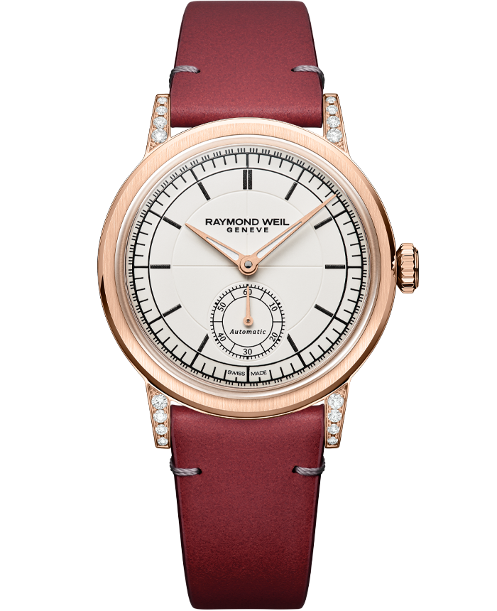 Raymond Weil Millesime Automatic Central Seconds Diamonds 35mm Cream Sector Dial, Red grape Leather Strap