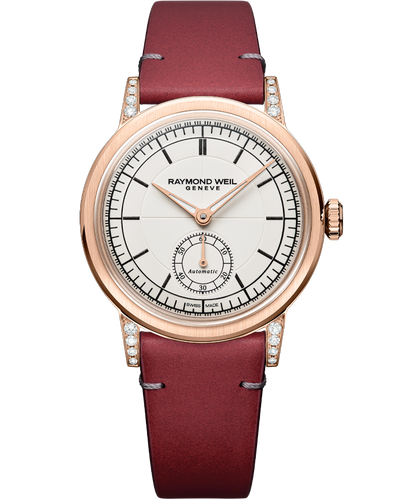 Raymond Weil Millesime Automatic Central Seconds Diamonds 35mm Cream Sector Dial, Red grape Leather Strap