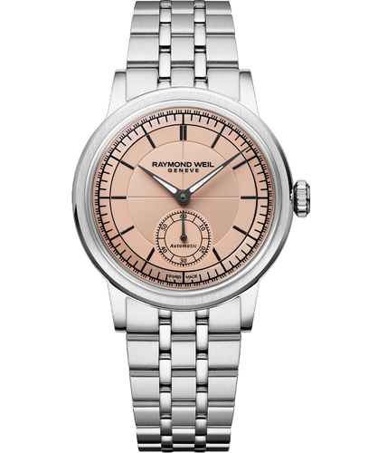 Pre Order Raymond Weil Millesime Automatic Central Seconds 35mm Salmon Sector Dial on bracelet
