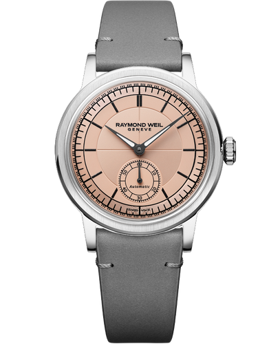 Pre Order Raymond Weil Millesime Automatic Central Seconds 35mm Salmon Sector Dial on leather