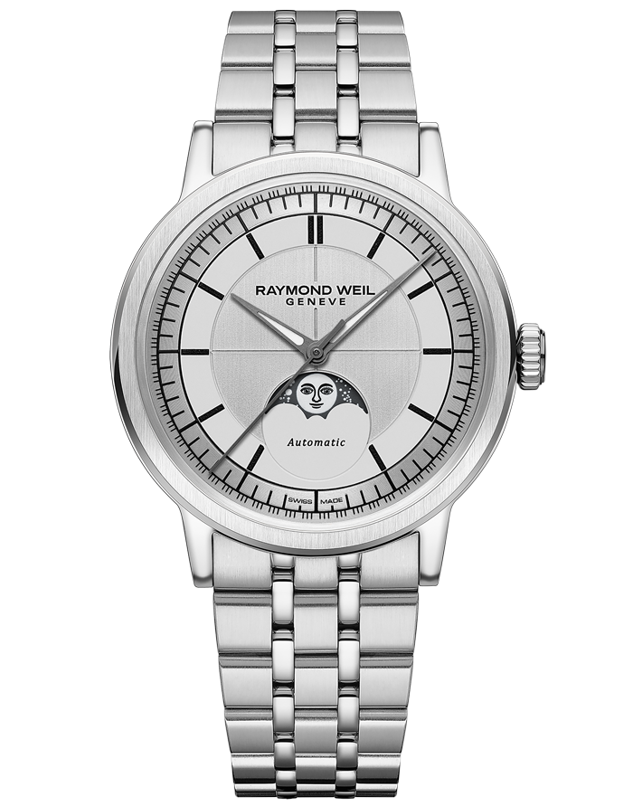 Raymond Weil Millesime Automatic Moon Phase Silver Dial Watch, 39.5 mm on Bracelet