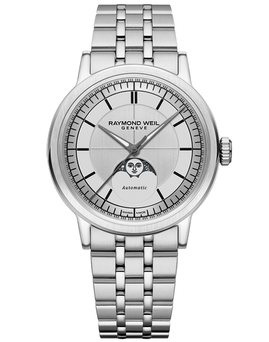 Raymond Weil Millesime Automatic Moon Phase Silver Dial Watch, 39.5 mm on Bracelet