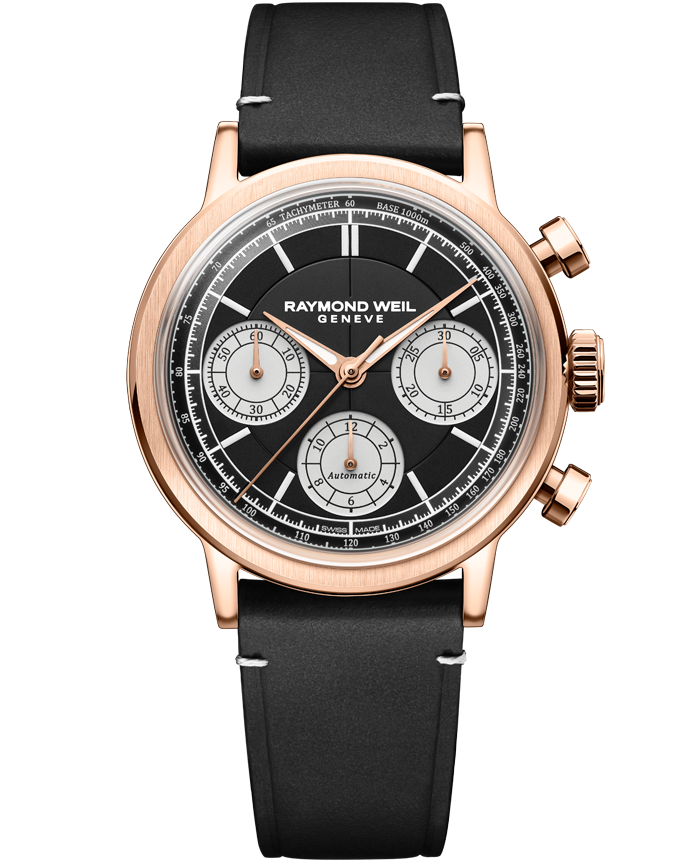 Raymond Weil Millesime Automatic Tri-Compax Chronograph Black Sector Dial 39 mm RG PVD, Black Leather Strap