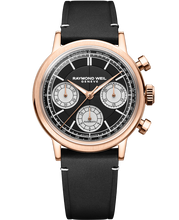 Load image into Gallery viewer, Raymond Weil Millesime Automatic Tri-Compax Chronograph Black Sector Dial 39 mm RG PVD, Black Leather Strap