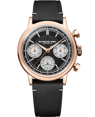 Raymond Weil Millesime Automatic Tri-Compax Chronograph Black Sector Dial 39 mm RG PVD, Black Leather Strap