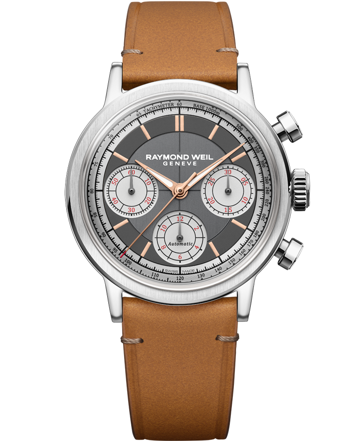 Pre Order Raymond Weil Millesime Automatic Tri-Compax Chronograph Anthracite Sector Dial 39 mm, Camel Leather Strap