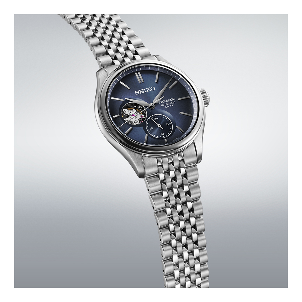 Seiko Presage Classic Series Automatic Mens Watch Open Heart SPB527J Blue Dial