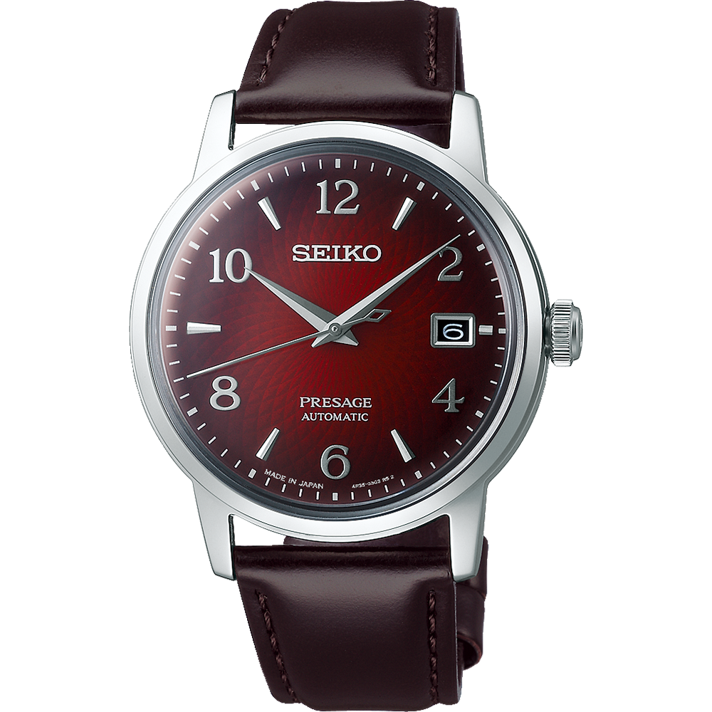 Seiko Presage Cocktail Brown Time Red Dial Watch on Leather SRPE41J