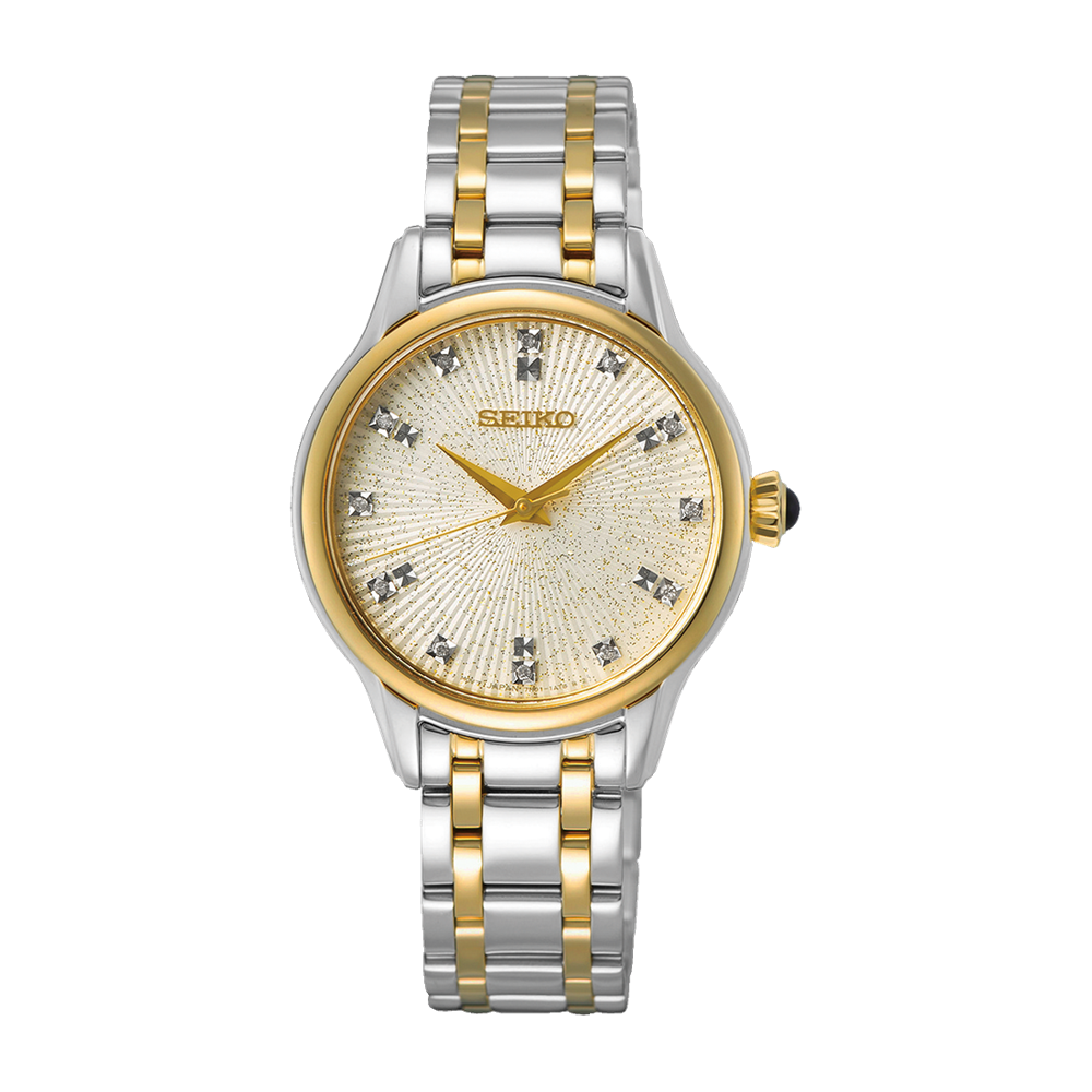 Seiko Discover More Quartz Analogue Watch 2 Tones YG SRZ550P with diamonds