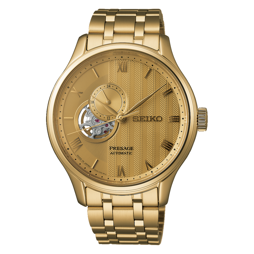 SEIKO Presage Japanese Garden Open Heart Automatic YG PVD Watch Gold Dial SSA468J