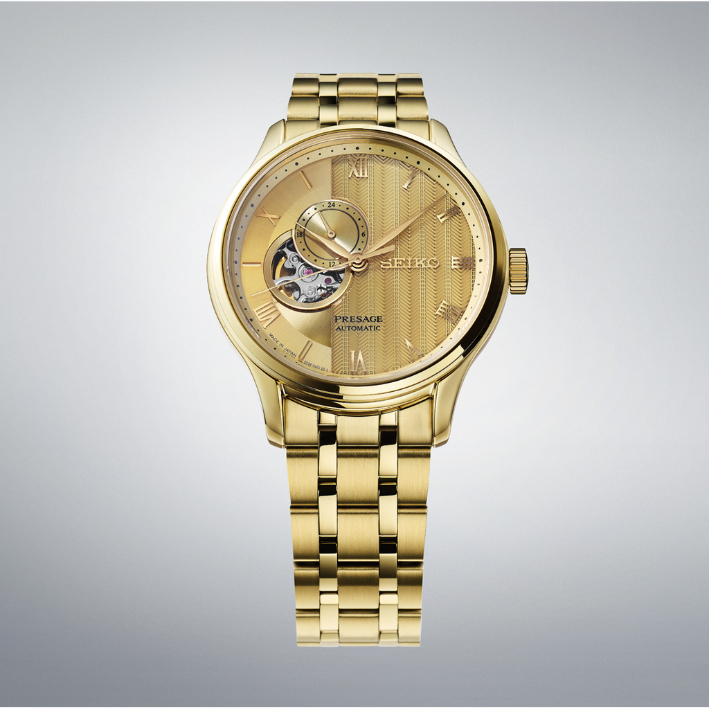 SEIKO Presage Japanese Garden Open Heart Automatic YG PVD Watch Gold Dial SSA468J